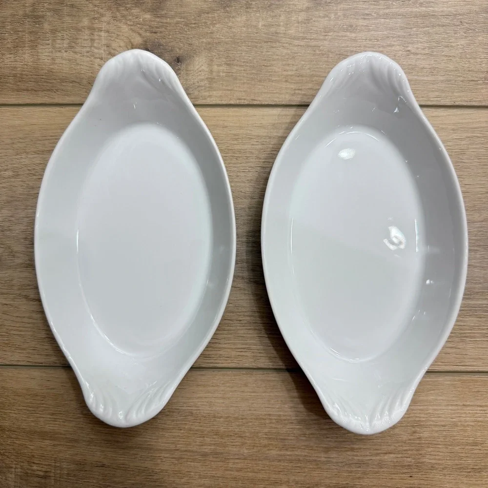 Pillivuyt France‎ White Porcelain Au Gratin Oval Eared Bakers 8oz Set 2 24 03 23